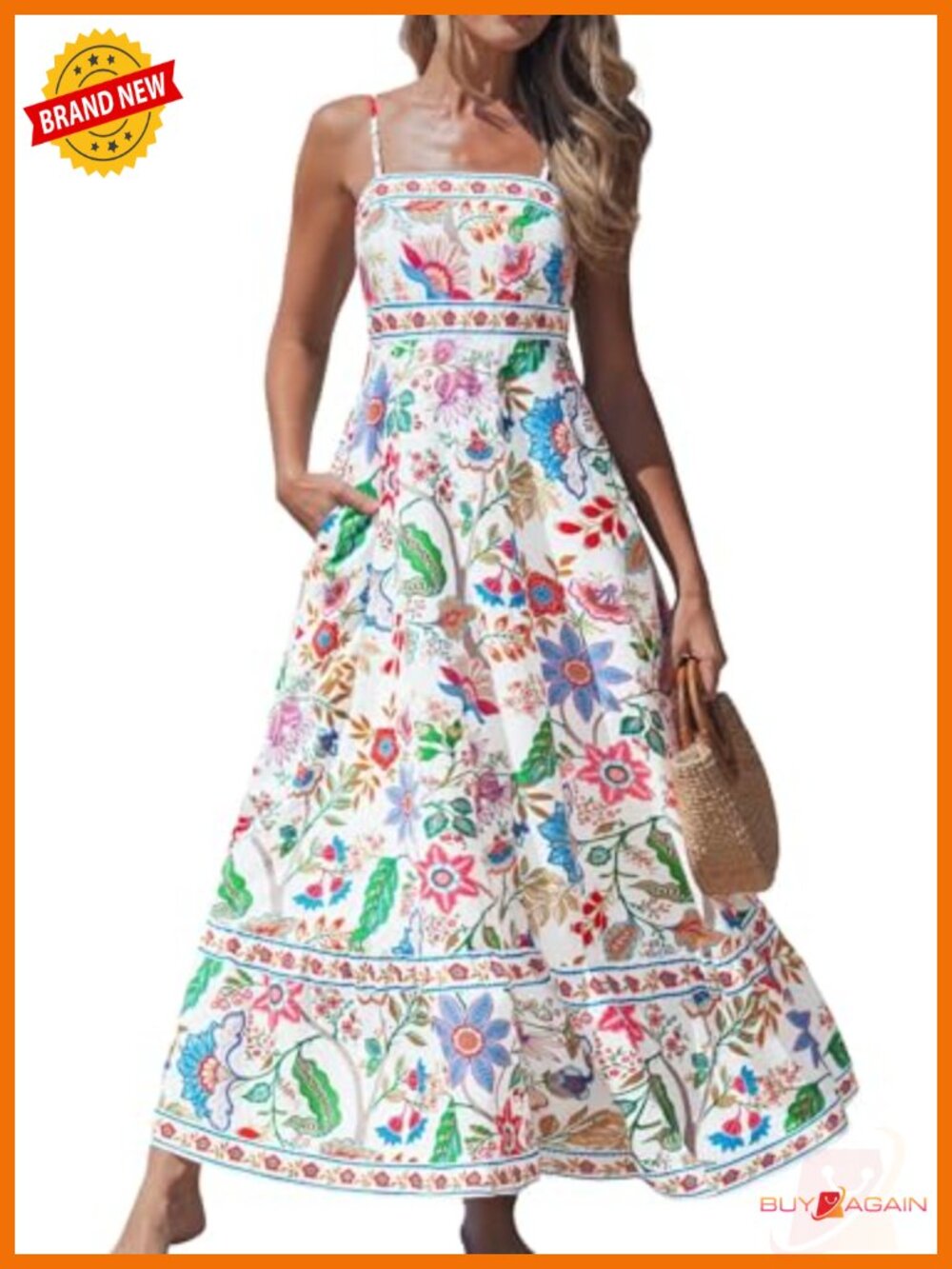 Women's Boho Maxi Dress Spaghetti Strap A-Line Sleeveless with Pockets